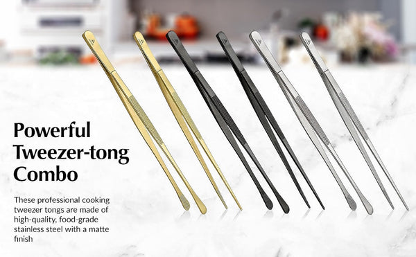 LAH Kitchen 12 Inch Stainless Steel Tweezer Tongs, Set of 2 - Gold