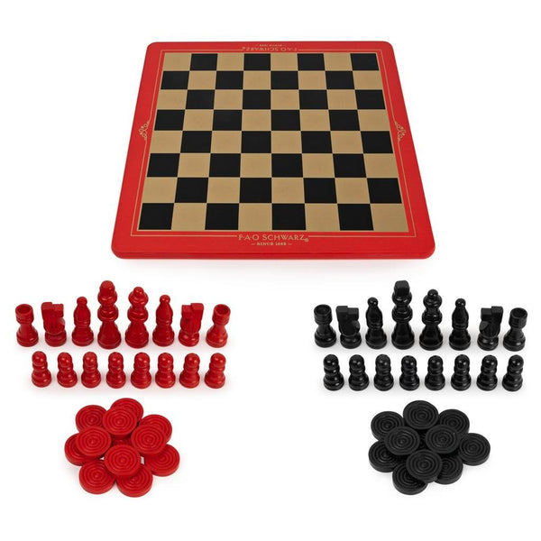 FAO SCHWARZ WOOD CHESS CHECKERS AND TIC-TAC-TOE SET