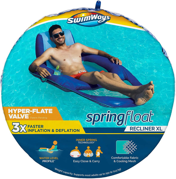 SwimWays Spring Float XL Recliner Pool Lounge Chair with Hyper-Flate Valve, Blue