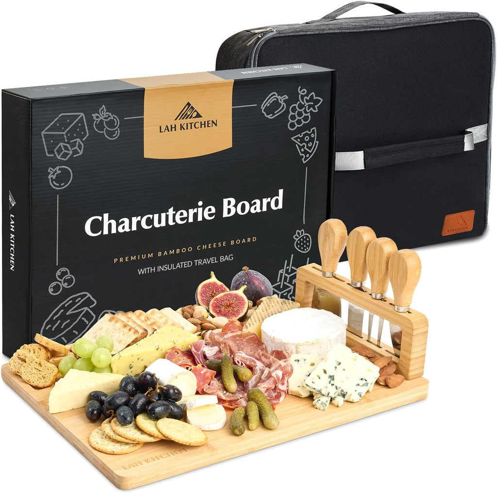 LAH Kitchen Large Charcuterie Board Gift Set w Accessories - Insulated Travel Bag Charcuterie Trays - Cheese Board for Wedding Gifts & Bridal Shower Gifts - Holiday Cheese Set - 15.6” x 11” x 0.6”